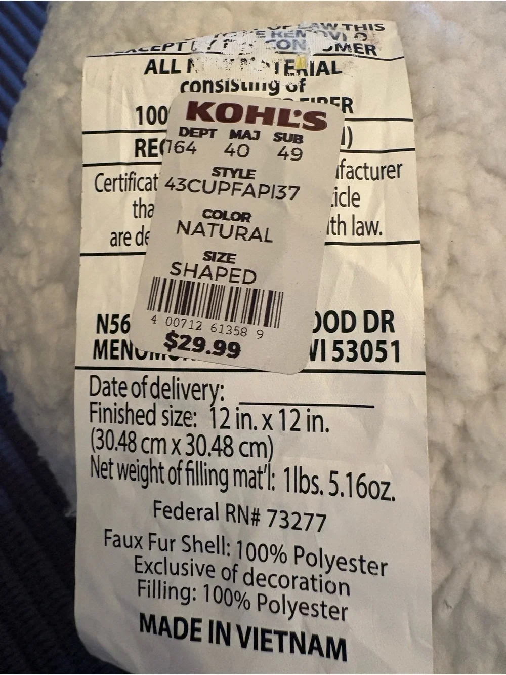 NWT White Sherpa Snowman Face Pillow with Orange Nose